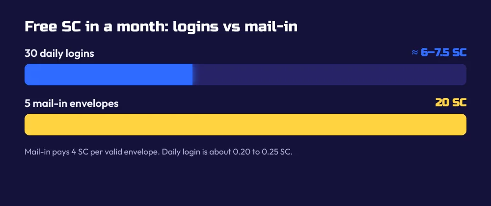Free SC per month at SpinBlitz: about 6 to 7.5 SC from 30 daily logins compared with 20 SC from five mail-in envelopes